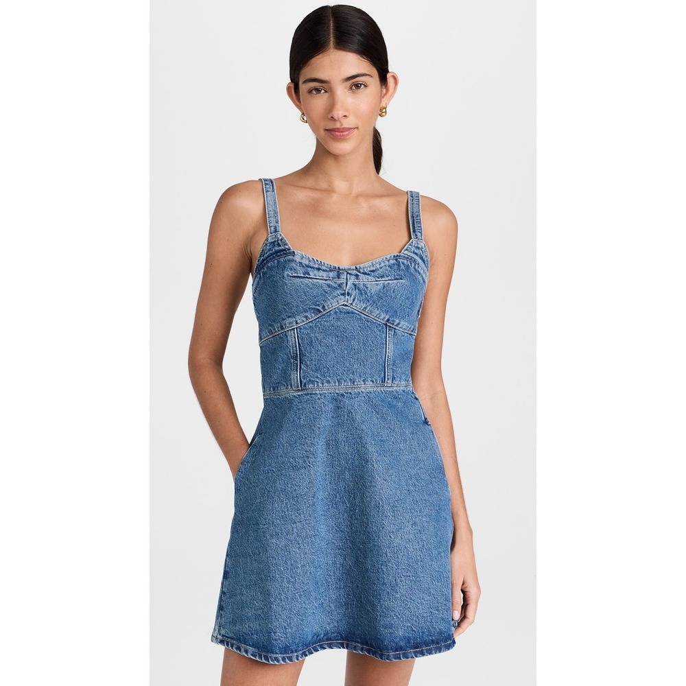 La Ligne Jean Blue Denim Mini Dress Smocked Back‎ Sweetheart Neck Cotton Large